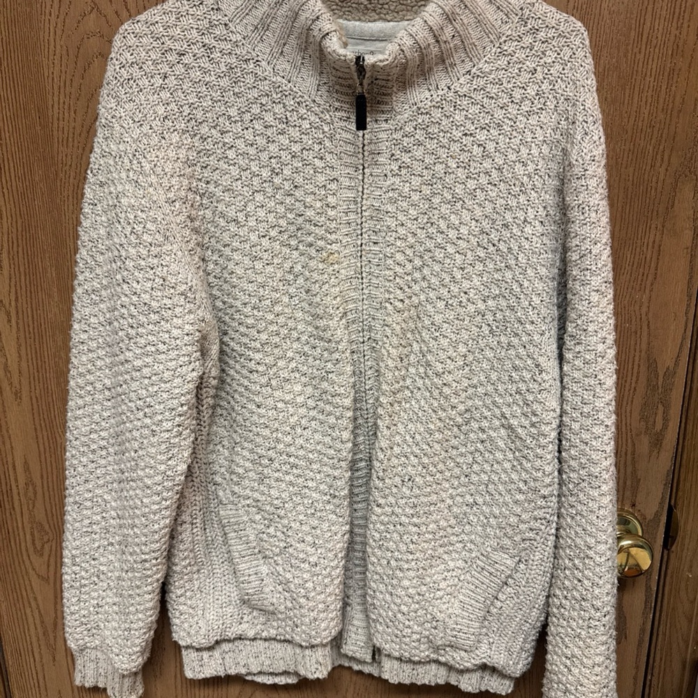 Carbon2Cobalt Stout Sweater-Jac Fisherman Chunky Knit Zip Front Fleece Trim - L